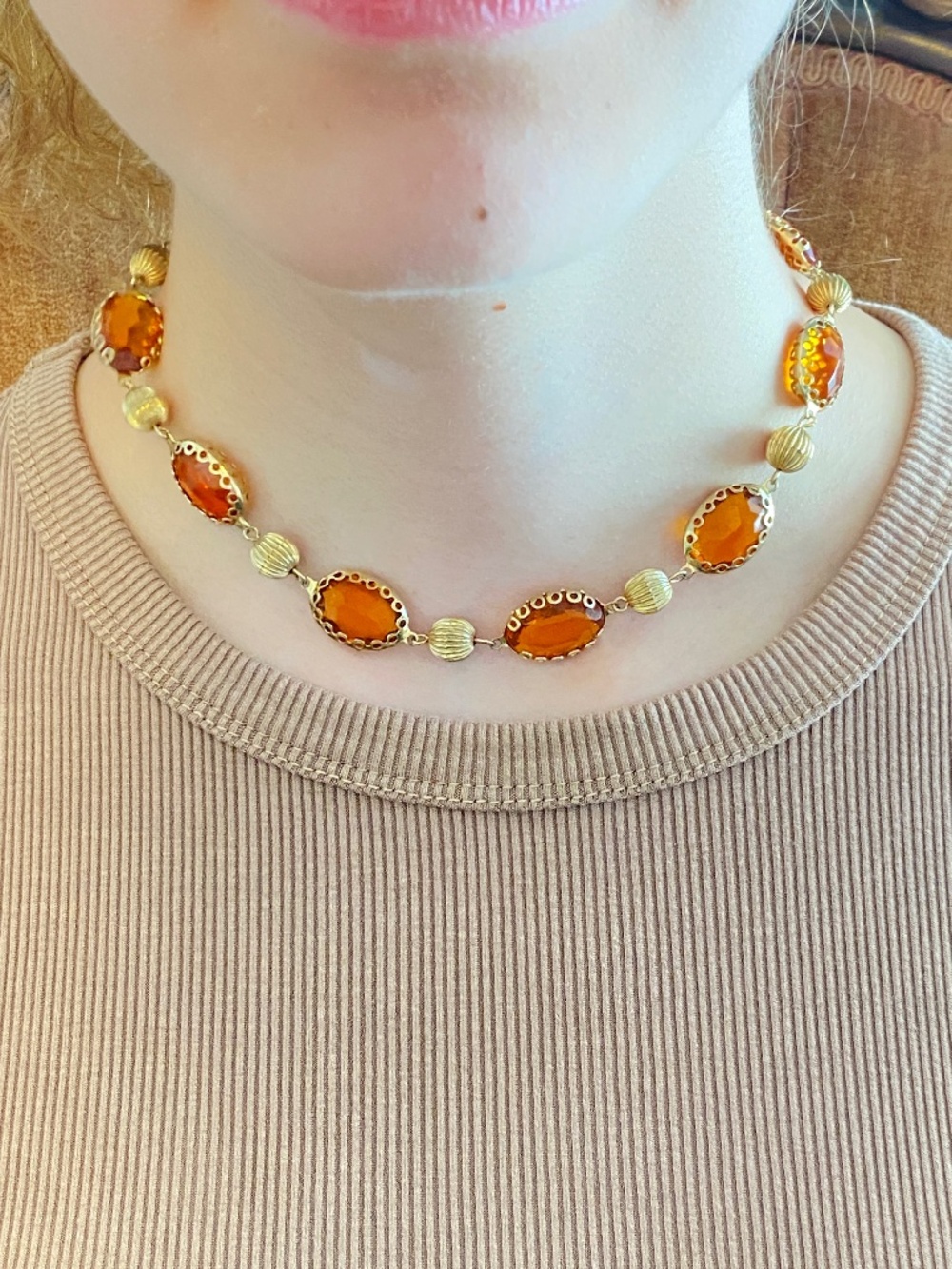 Vintage Citrine Crystal Gemstone Statement Golden Honey Choker Necklace GoldTone
